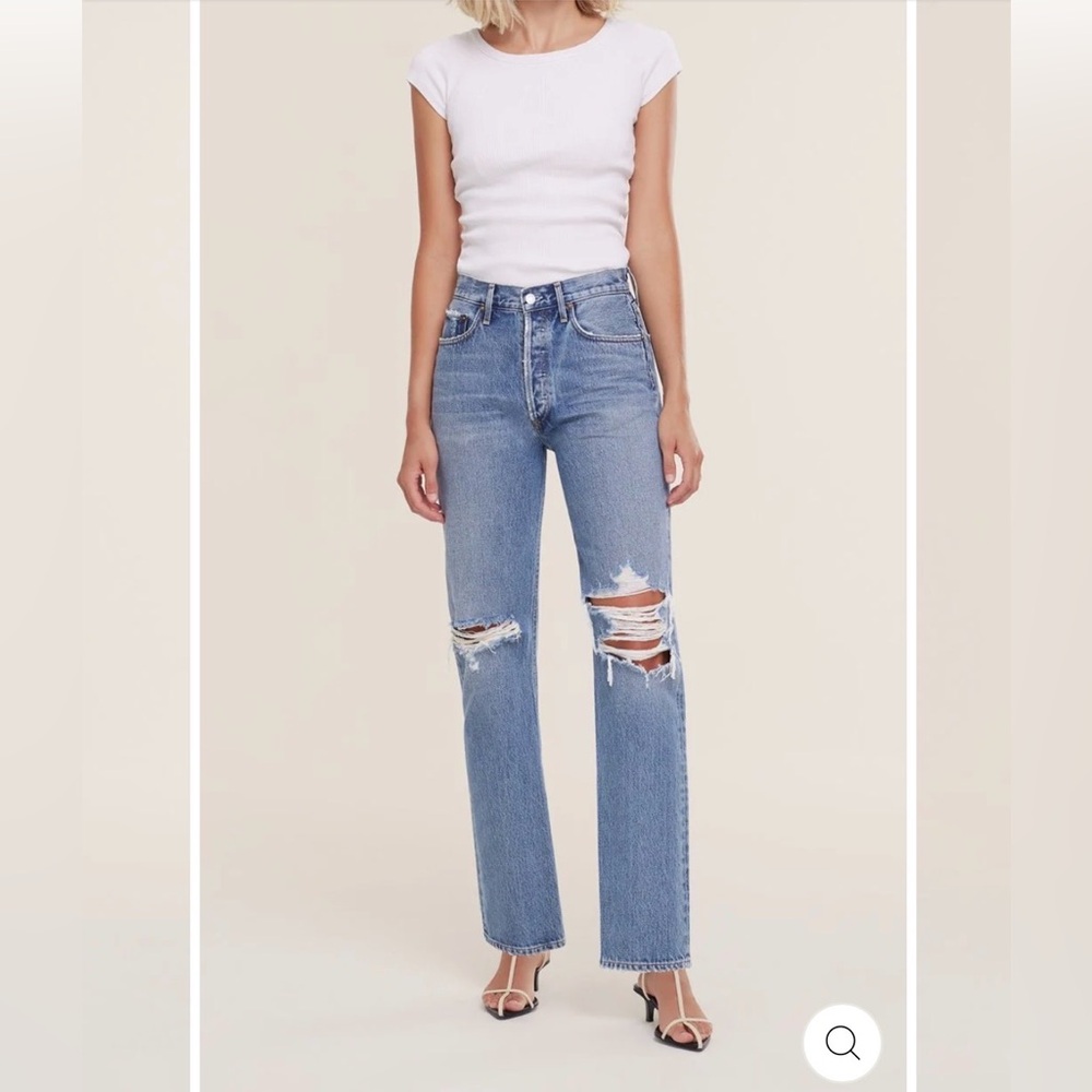 Agolde High-Rise Distressed Straight Leg Jeans - Light Blue